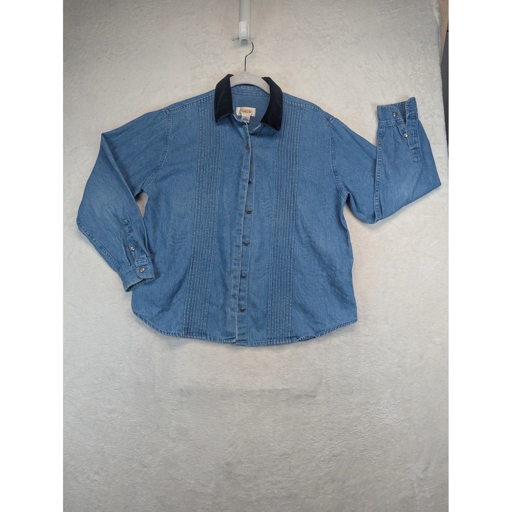 Vintage 90s Talbots Petites Denim Shirt Womens Small Black Velvet Collar Pintuck